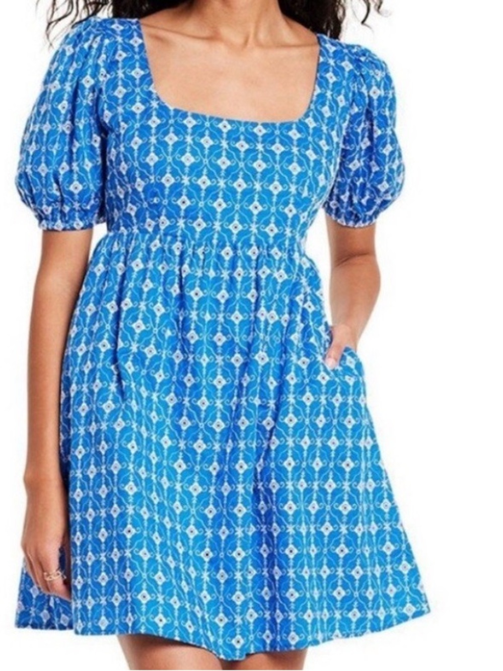 Rhode x Target Womens M Blue Puff Sleeve White Eyelet Mini Dress Embroidered